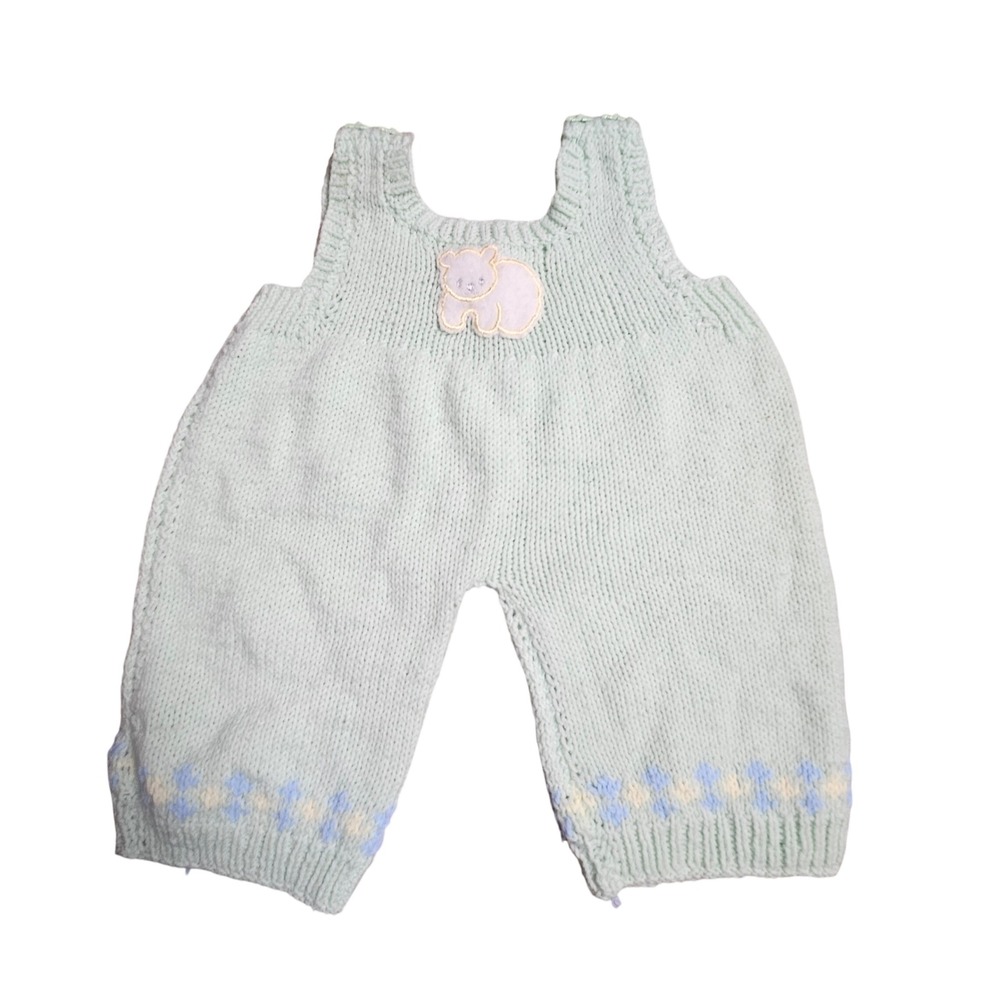 Vintage Handmade Crochet Knit Baby Overalls Bear Argyle Romper 9-12 Mos Cottage